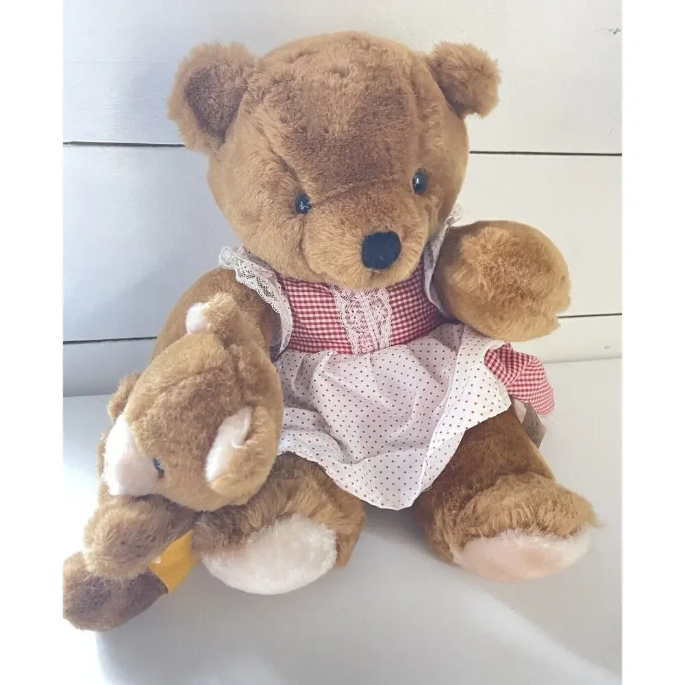 Vintage Mama Bear with Baby 10 Inch Plush Stuffed Animal Toy 1986 Made in Korea